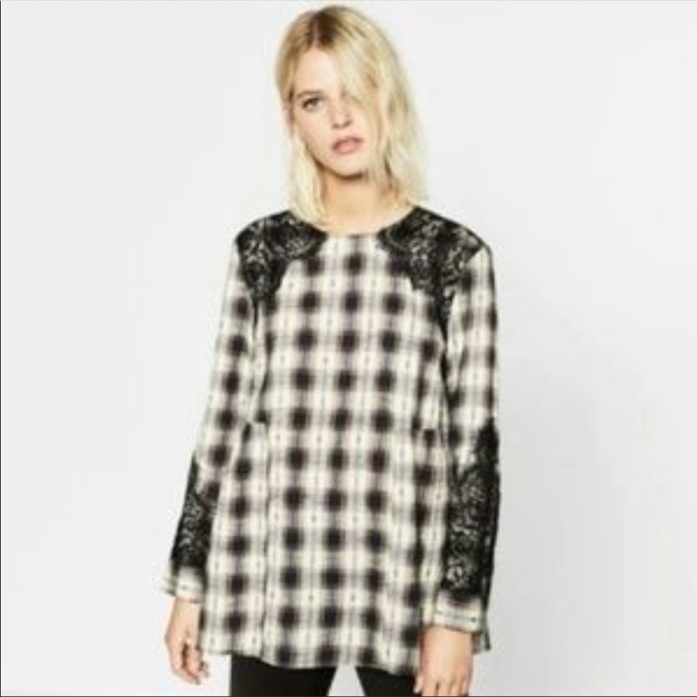Zara Black and White Plaid Blouse with Lace Detail